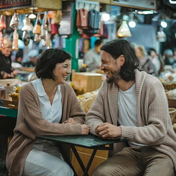 Candid Shot of a Couple Laughing Together at a Caf&eacute;