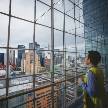 Candid Shot of a Worker Standing by a Large Window Overlooking a City