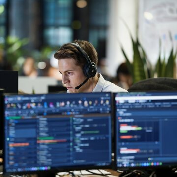 Cinematic Medium Shot of a Focused Employee Working with Headphones