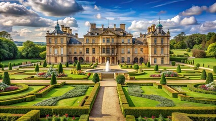 prestigious, luxurious, countryside, gardens, ornate architecture, outskirts, Suburban palace with ornate architecture and lush gardens situated on the outskirts of the countryside