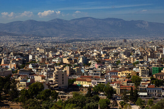 Top view from Areopag Hill on the buildings at historical part of Athens, Attica, Greece