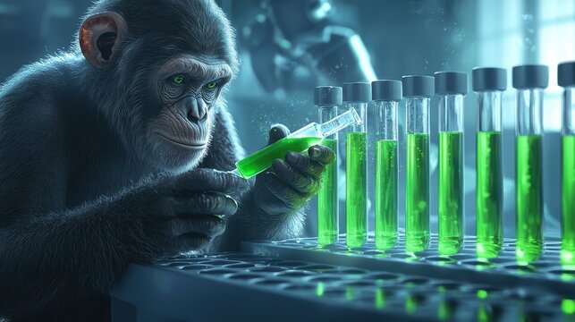 Chimpanzee scientist analyzing virus particles in a lab setting representing the study of viral infections like mpox or monkeypox