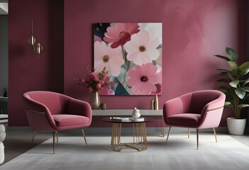 A modern living room with pink velvet armchairs, a glass coffee table, and a large abstract floral painting on the wall, bold and slim lines.