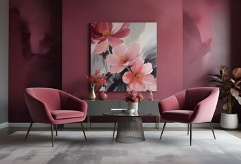 A modern living room with pink velvet armchairs, a glass coffee table, and a large abstract floral painting on the wall, bold and slim lines.