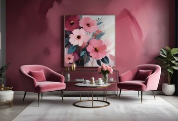 A modern living room with pink velvet armchairs, a glass coffee table, and a large abstract floral painting on the wall, bold and slim lines.