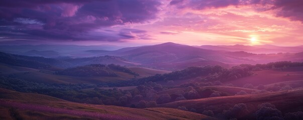 Rolling hills with a sunset sky and purple hues, 4K hyperrealistic photo,