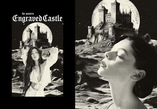 Engraved Castle Poster Photo Effect Mockup With Generative AI