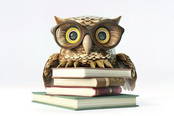 A cartoon owl wearing glasses sits on top of a stack of books