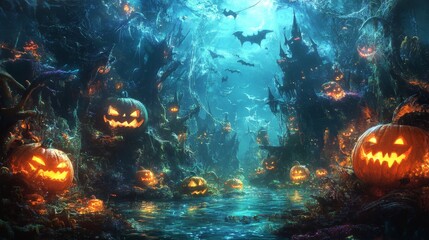 Spooky Halloween Forest with Jack o Lantern and Bats