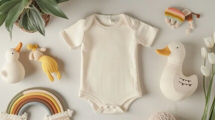White baby onesie mockup with a rainbow, elephant, duck, and plant.