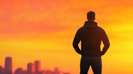 Fototapeta premium Person standing on a bridge, looking out at a new city, symbolizing a fresh start