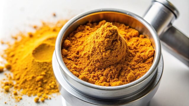 natural, alternative remedy, powder, grinder, yellow, A close up image of fine berberine powder sprinkling out of a grinder onto a white background captured with a fisheye lens