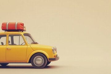 A bright yellow car showcases a safety vest tied to its roof, set on a smooth light beige backdrop, offering ample space for creative text or messages