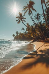 vertical paradise landscape sea beach with golden sand and palm trees on a sunny summer day at wide angle © Margarita Vais 