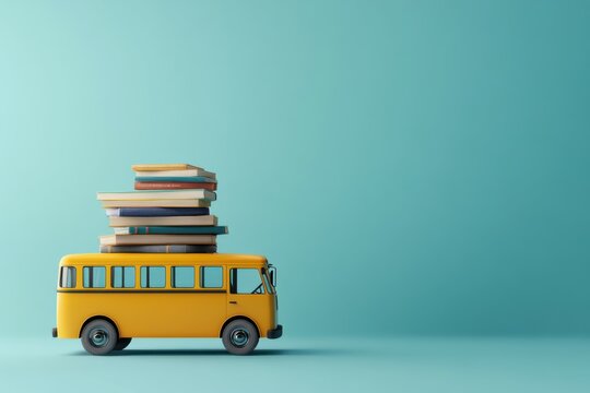 This whimsical 3D illustration features a vibrant yellow school bus transporting a large stack of books on its roof, set against a calming light blue background