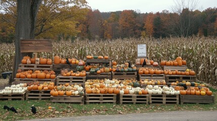 A charming autumn festival scene with a colorful array of pumpkins and gourds arranged on wooden crates and hay bales. The display is set against a backdrop of tall cornstalks and vibrant fall