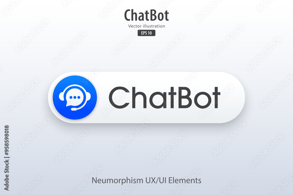 Poster Chatbot button. Support service by AI. 3D button element design for apps, websites, interfaces, and mobile apps. UI UX. Artificial intelligence technology. Vector illustration.