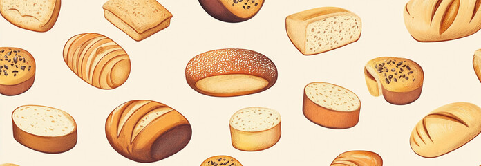 Illustration pattern of Breads on a light beige background in landscape format