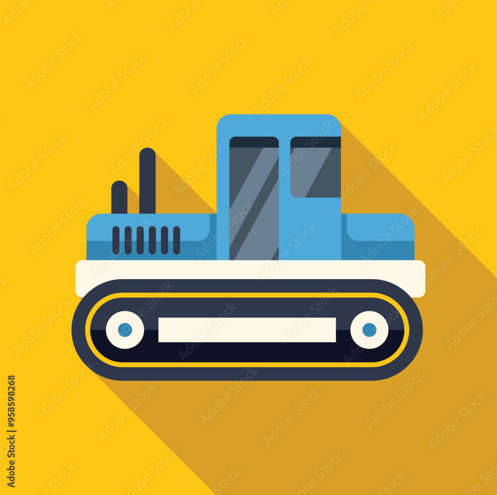 Poster blue bulldozer with continuous tracks casting a shadow on a yellow background