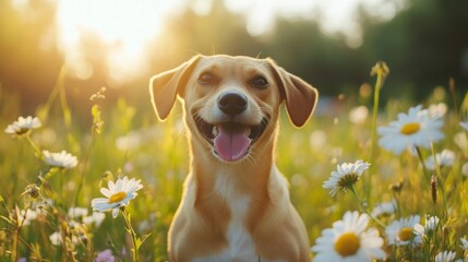 Happy Dog in a Flower Field