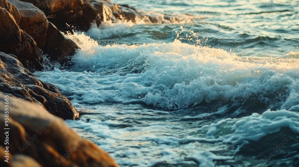 Poster Ocean Waves Crashing on Rocky Shore