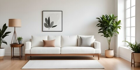 Fototapeta premium A minimalist living room with a white sofa, a wooden side table, and a potted plant.