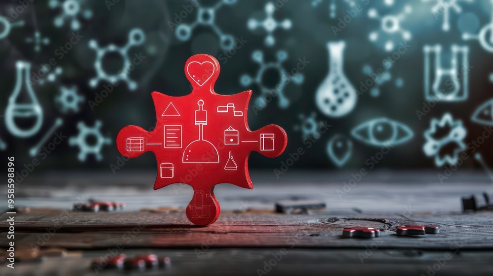 Poster a single brown jigsaw puzzle piece with various science symbols on a wooden table in front of a blac