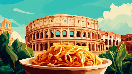 Illustration of Italian pasta on a plate in front of the Coliseum in Rome