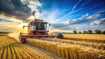 Obraz premium rural, yellow, agriculture, farm, low angle, wheat, golden, Combine harvester harvesting wheat in a vast agricultural field in Somerset captured from a low angle perspective