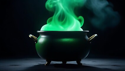 cauldron filled glowing green potion isolated dark foggy backdrop