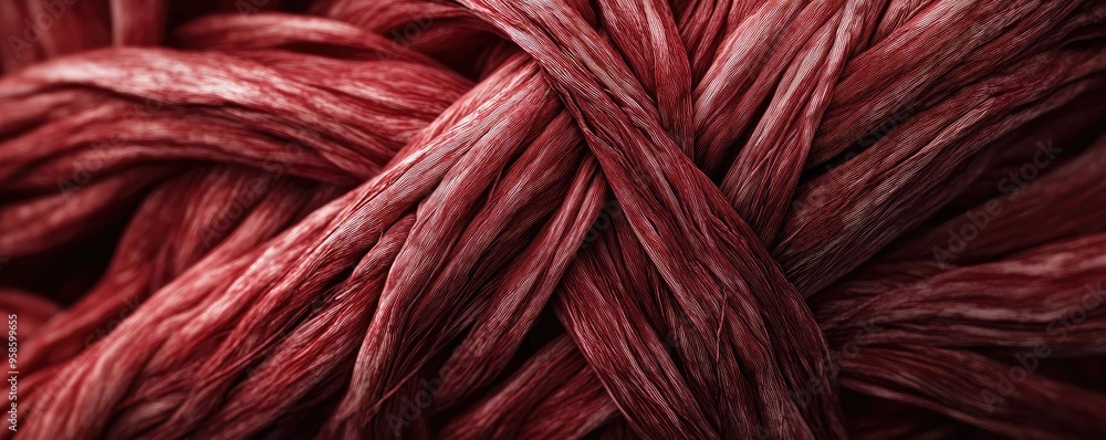Poster close-up of textured red yarn, showcasing intricate patterns and vibrant shades for craft and design