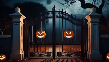 creepy halloween scene menacing graveyard gate menacing pumpkins