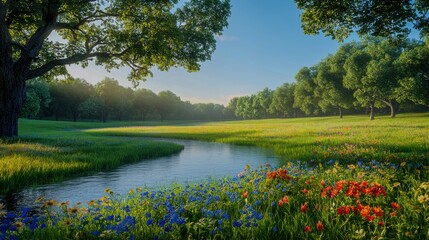 Tranquil Meadow Landscape with River and Flowers