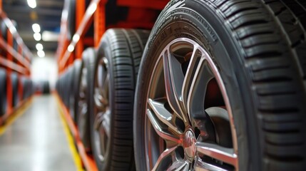 Fototapeta premium A close-up of a row of new car tires and alloy wheels on a rack in a warehouse.