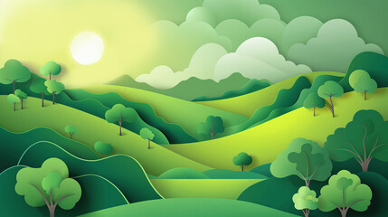 Obraz premium green landscape paper cut out animation style, cartoon 2d paper realistic 3d layers look, sun and tree and clouds background spring atmosphere natural environment healthy earth panoramic view panorama