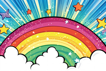 vibrant rainbow arcs over fluffy white clouds and colorful stars, creating a playful and cheerful cartoon-style scene with bright colors