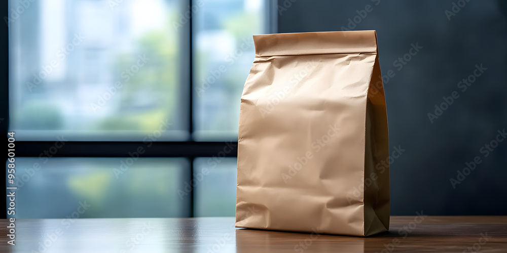 Aufkleber empty plain brown paper bag for lunch or food sits isolated on a table with ample space for writing 