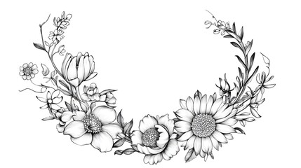 Elegant Floral Wreath with Monochrome Botanical Elements