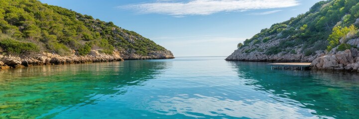 Naklejka premium Serene Coastal View with Clear Blue Waters and Green Hills