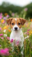 Adorable Jack Russell Puppy Posing in a Field of Flowers