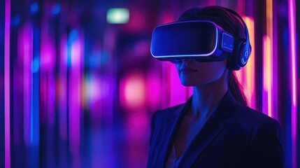 Woman wearing VR headset in a futuristic neon lit setting.