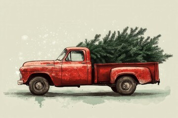 A playful red pickup carries a large Christmas tree with branches gently swaying, set against a calming soft green backdrop, capturing holiday cheer