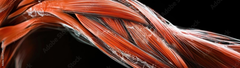Poster dynamic abstract texture showcasing flowing red strands, evoking energy and movement against a dark 