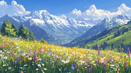 Fototapeta premium A vibrant spring meadow in the Alps with a variety of blooming wildflowers and snow-capped mountains in the distance.