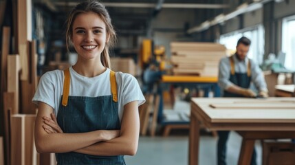 Smiling Female Carpenter in Workshop