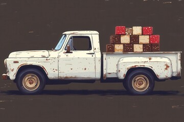 A charming white pickup transports a large box of chocolates amidst soft abstract shapes and gentle snowflakes on a rich dark brown backdrop