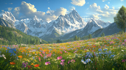 Fototapeta premium The Alps in spring, with fields of wildflowers in full bloom and rugged mountain peaks towering above, under the warm sun.