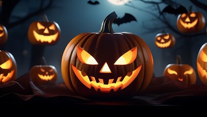 spooky halloween scene featuring laughing carved pumpkins bats flying air rendered style