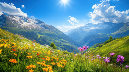 Fototapeta premium A picturesque alpine landscape with colorful spring flowers, green valleys, and snow-dusted mountains under a bright blue sky.