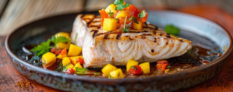 Grilled swordfish steak with mango salsa, 4K hyperrealistic photo